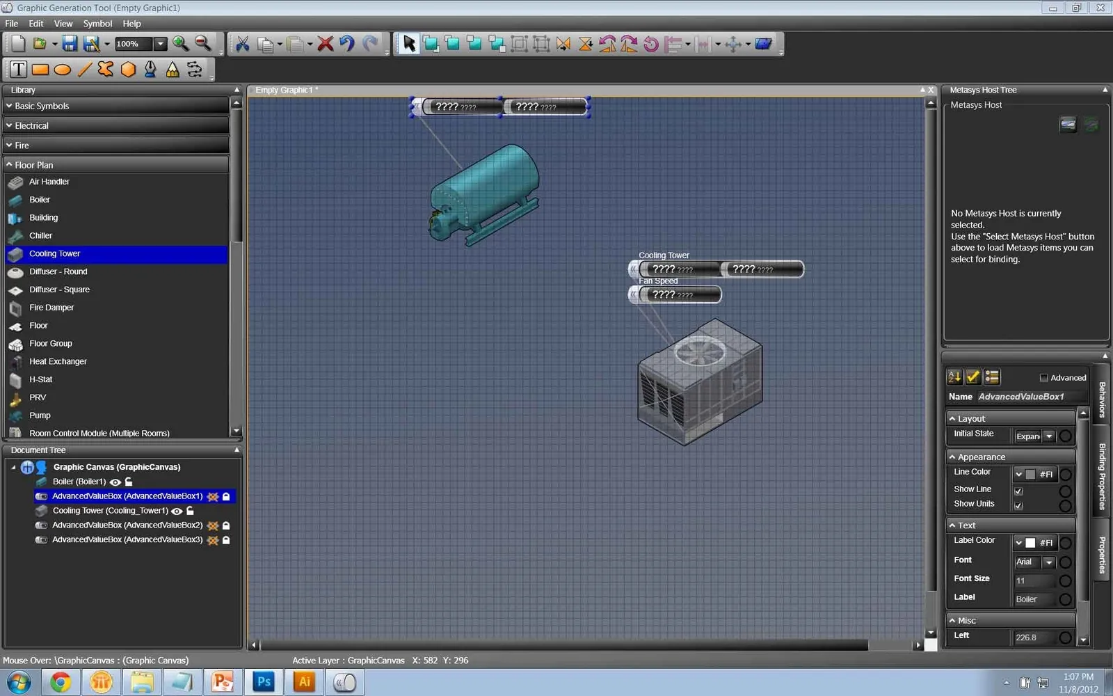 The Graphics Editor inside Metasys UI — building visualization with live equipment data