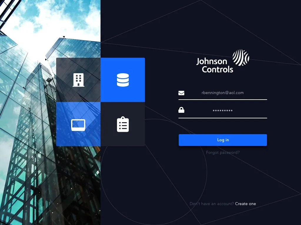 Facility Manager Portal sign-in — dark, high-contrast Johnson Controls interface beside a glass office tower