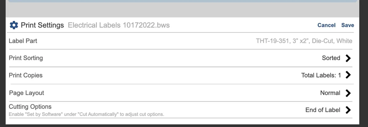 Print Engine on-device Print Settings screen